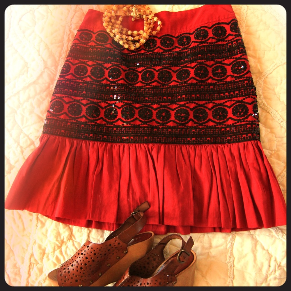 Anthropologie Moulinette Soeurs Red Sequin Skirt